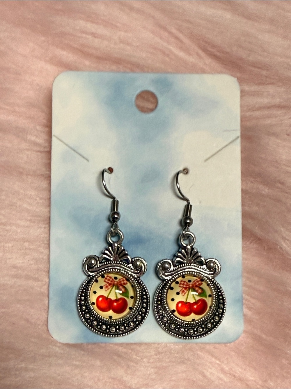 Silver Cherry Drop Earrings - Red Cherry Motif